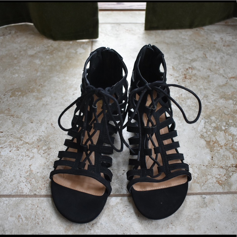 Suede Lace-up Black Sandals